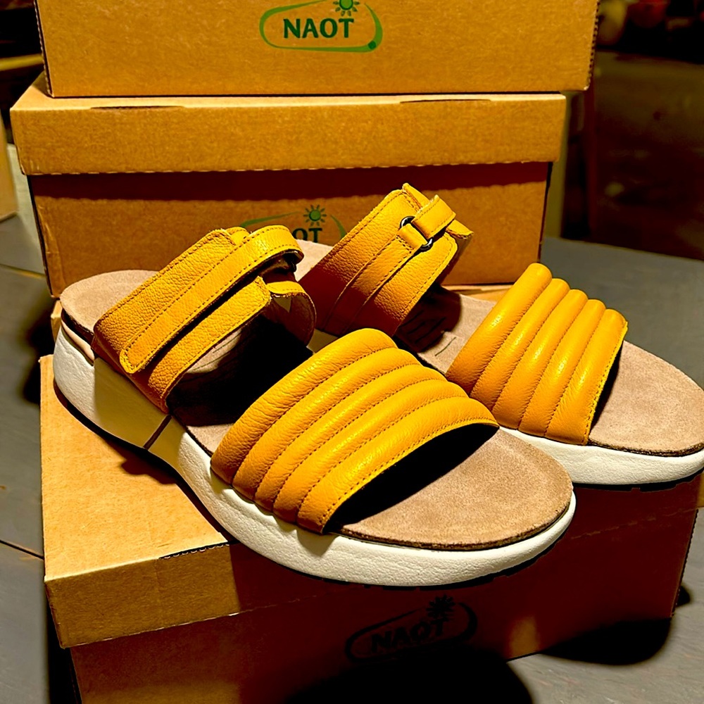 Naot Vesta Leather Sandals in Black and Marigold